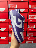 Nike Dunk Low sneaker side view, purple and white upper with lace-up detail