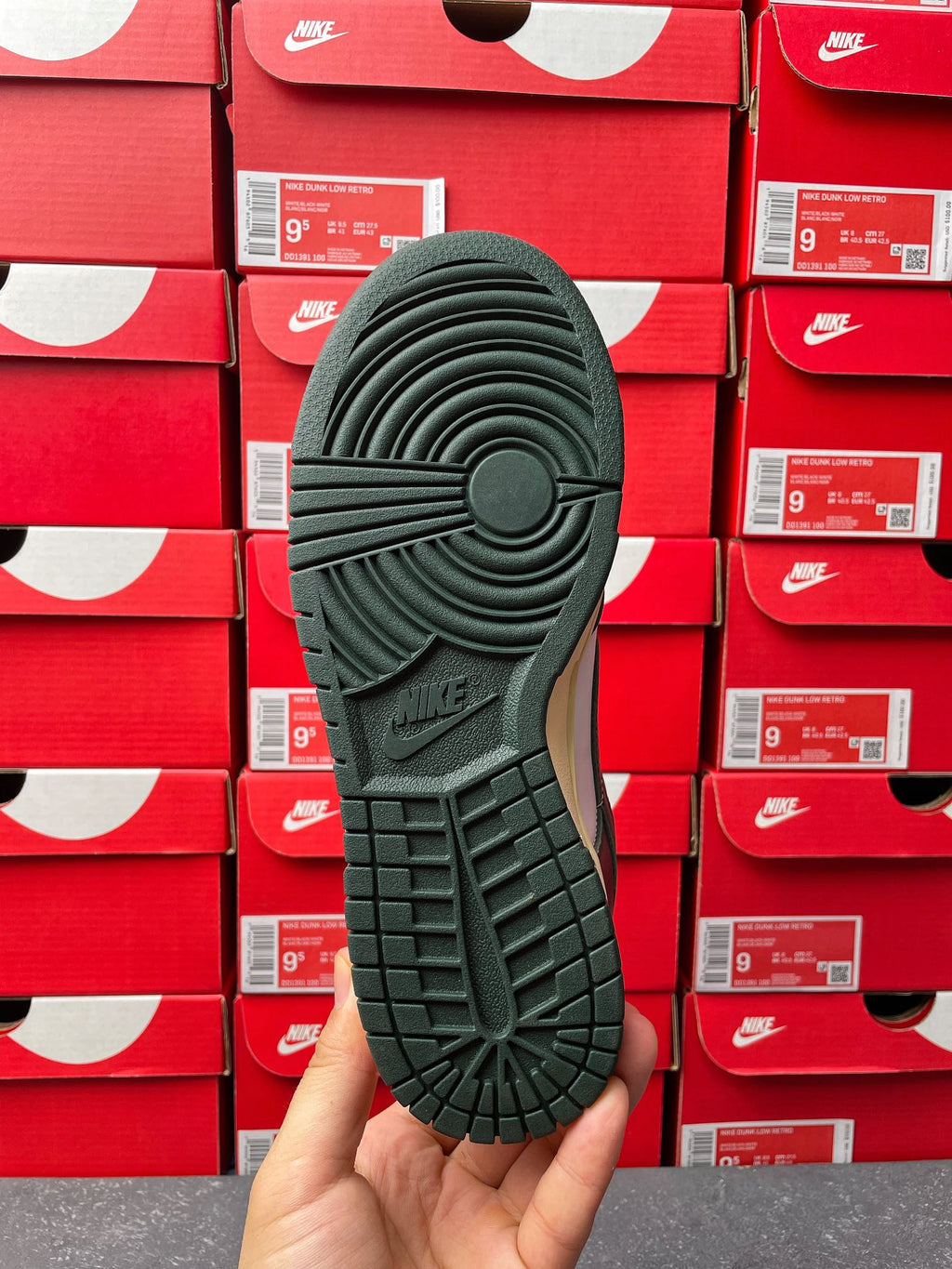 Nike Dunk Low outsole view in dark green with tread pattern