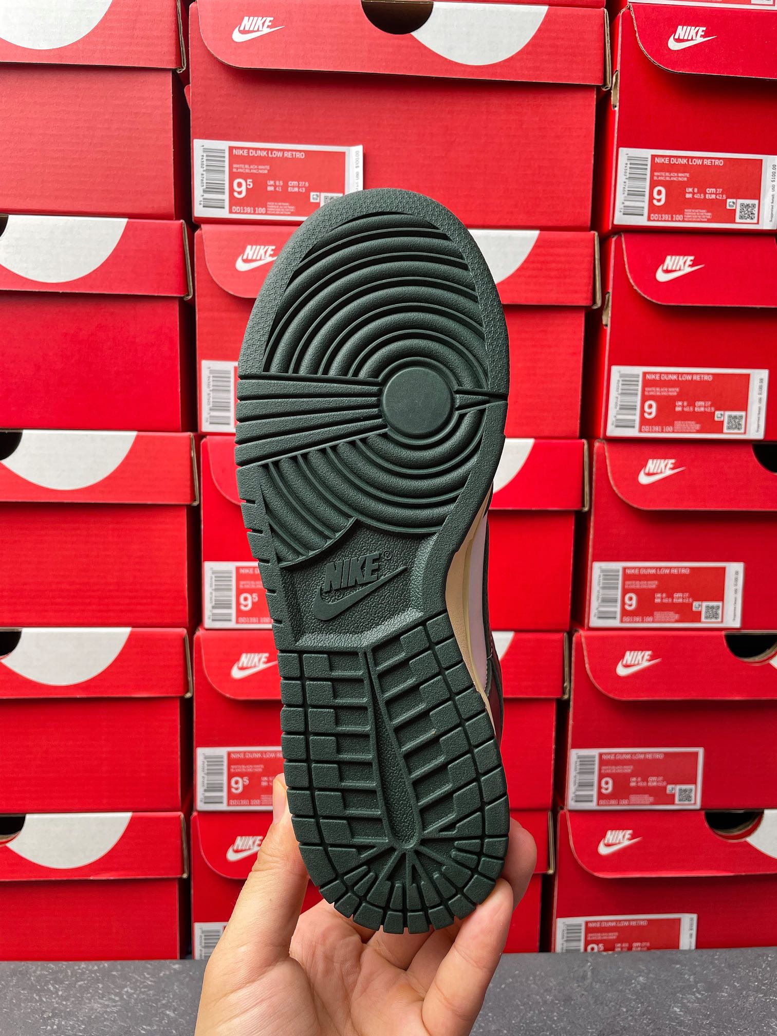 Nike Dunk Low outsole view in dark green with tread pattern