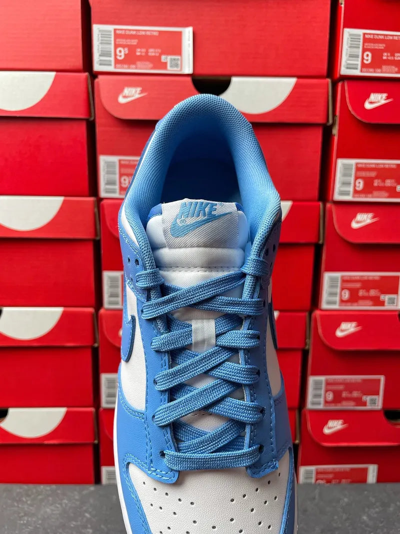 Blue Nike Dunk Low sneakers with blue laces and Nike logo on tongue