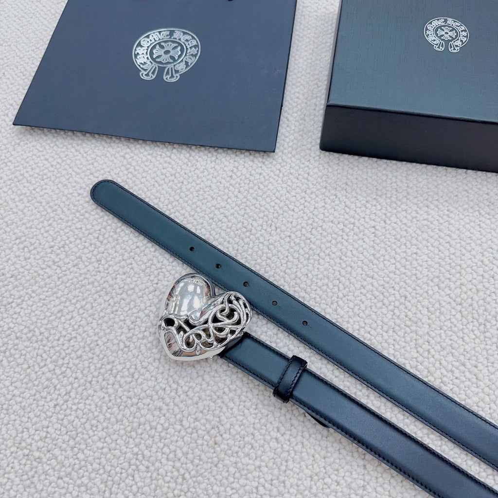 Dark blue leather belt with heart-shaped silver buckle and punched holes