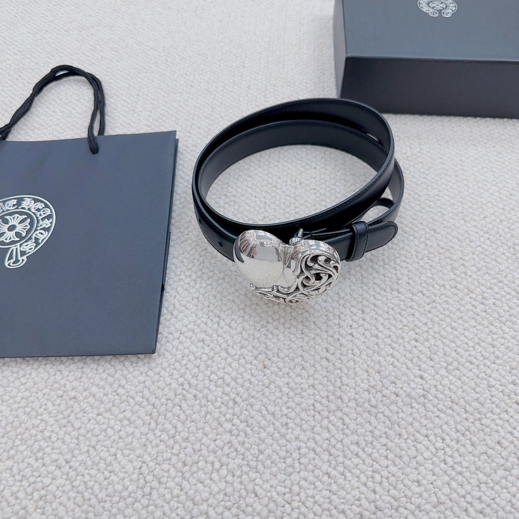 Dark blue leather belt featuring a heart-shaped silver buckle
