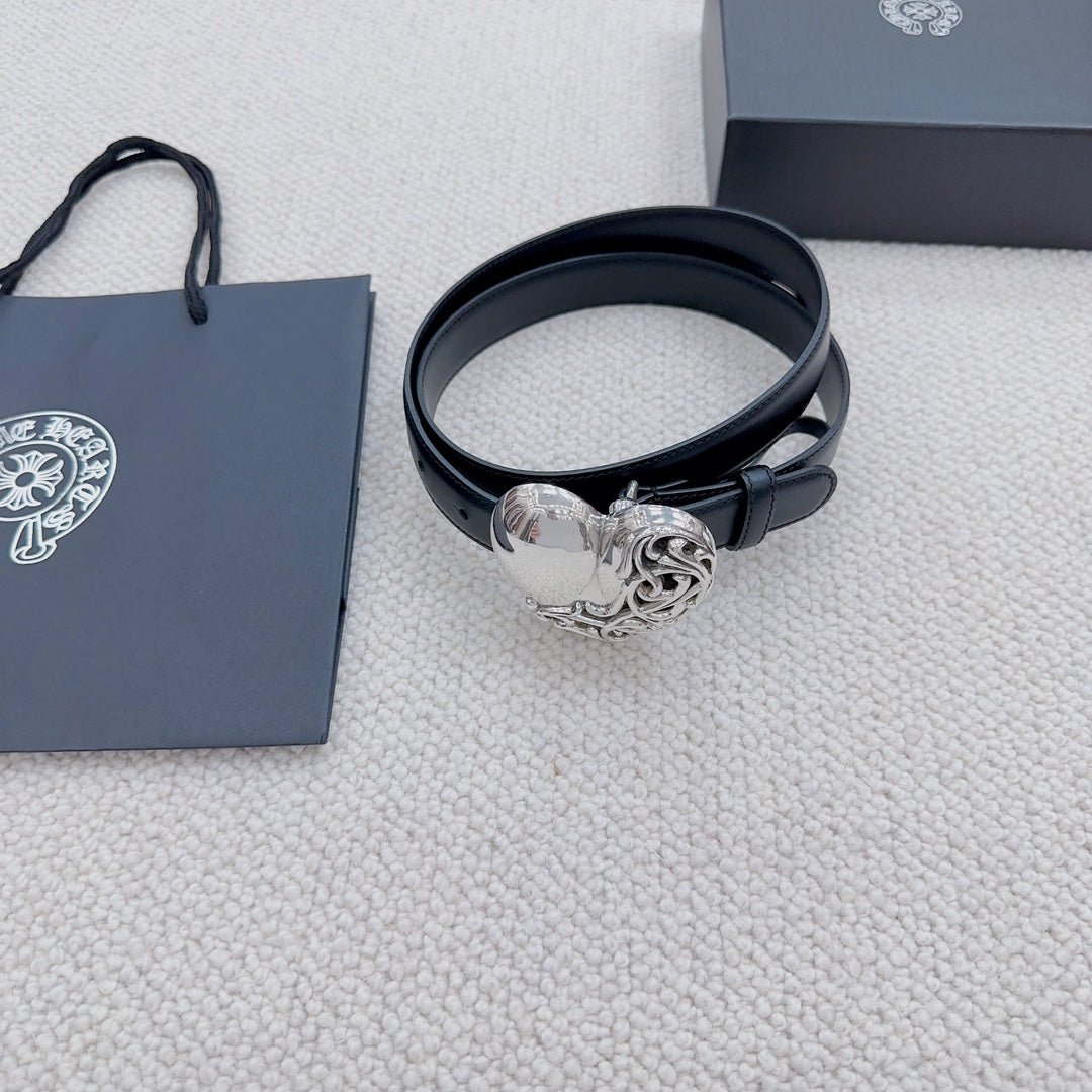 Dark blue leather belt featuring a heart-shaped silver buckle