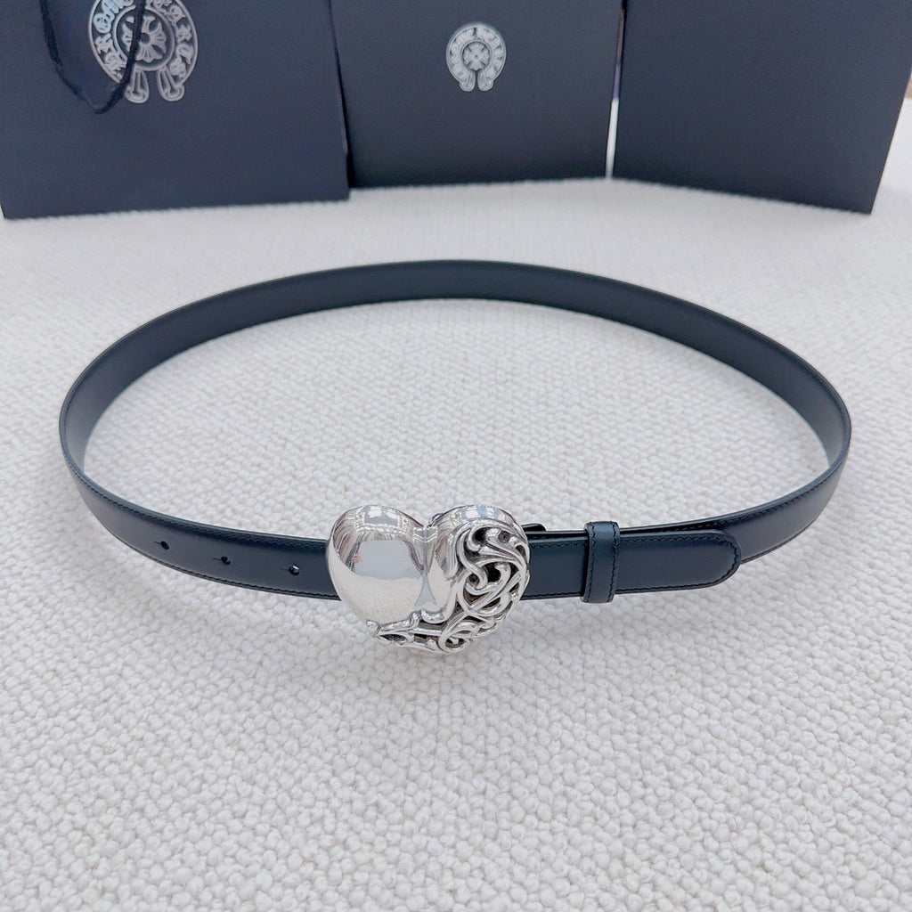 Dark blue belt with heart-shaped silver buckle and metal buckle clasp