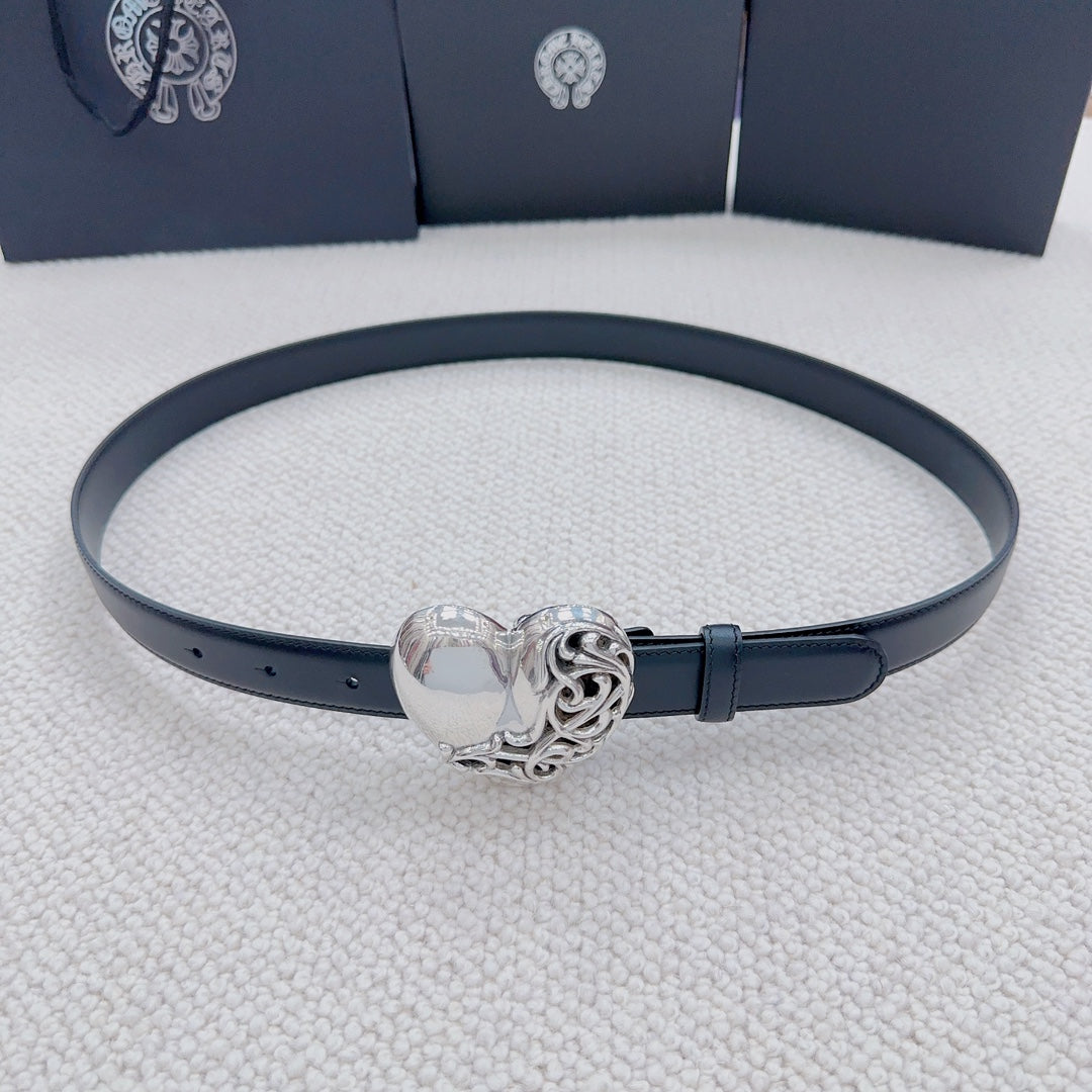 Dark blue belt with heart-shaped silver buckle and metal buckle clasp