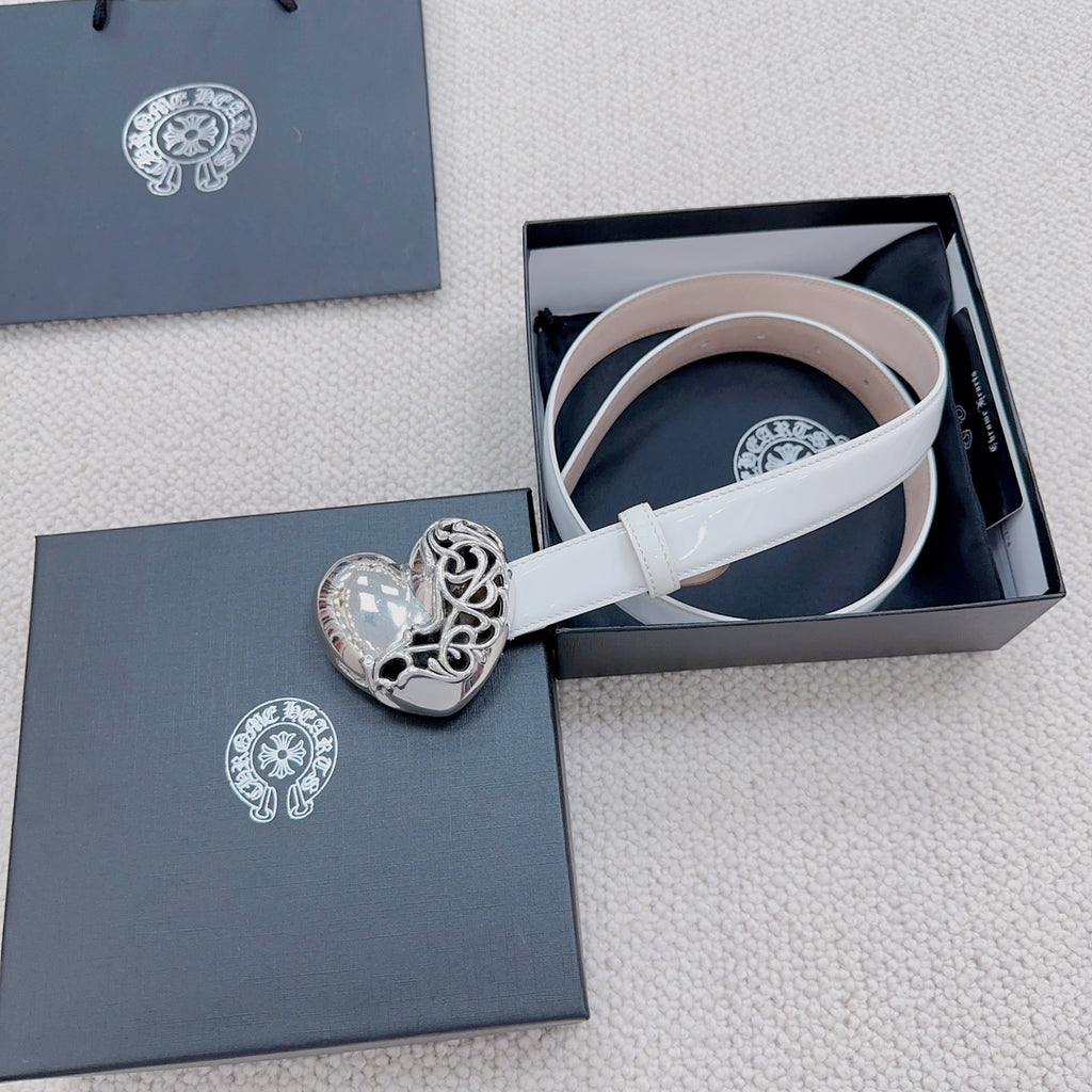 White belt with silver heart buckle shown in its gift box