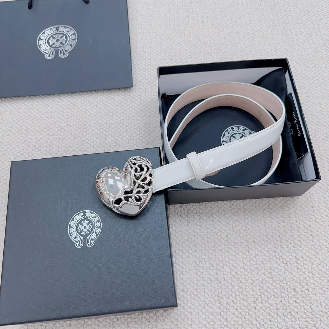 White belt with silver heart buckle shown in its gift box