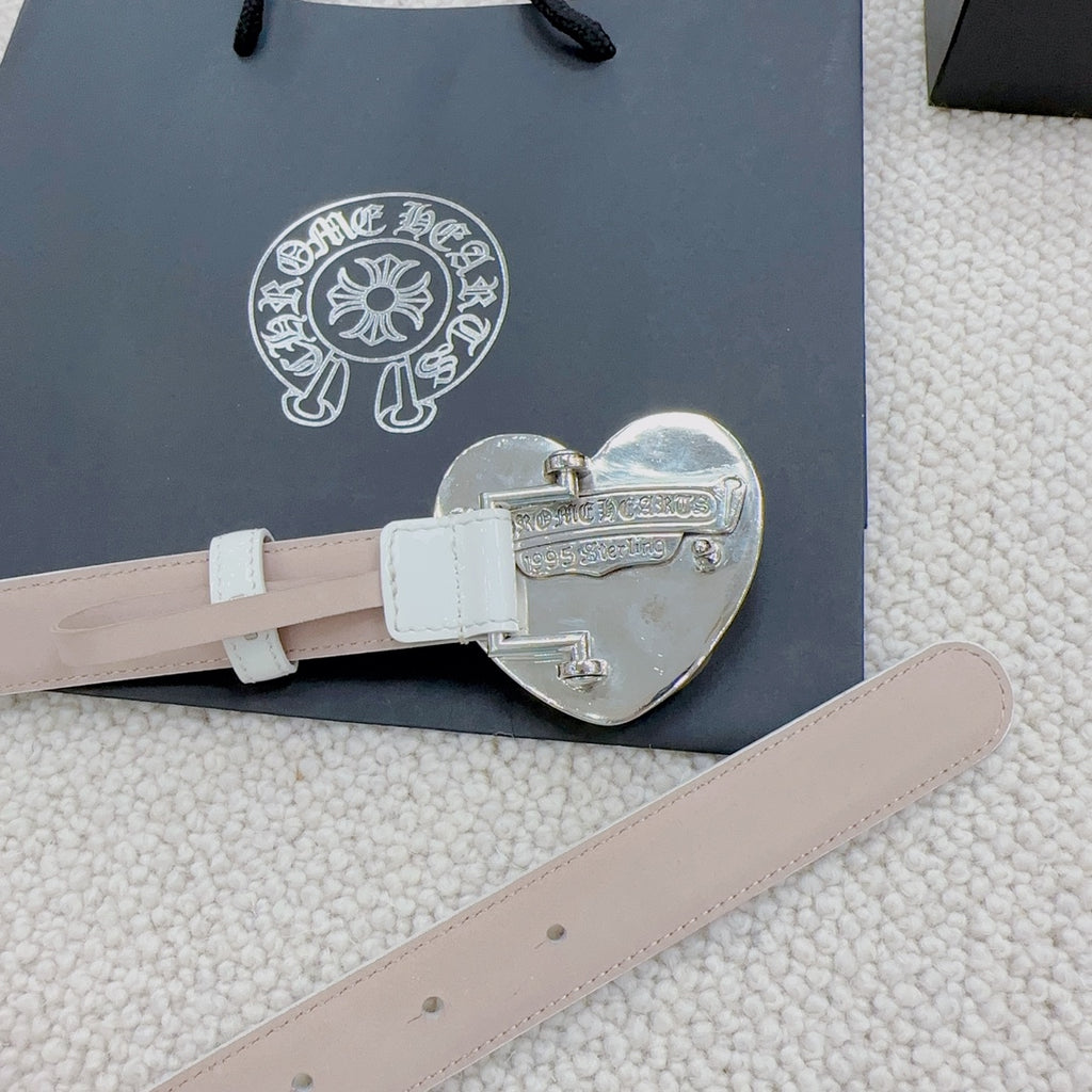White belt with silver heart buckle and clasp detail
