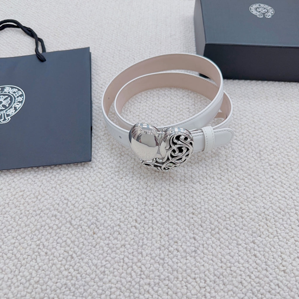 White belt with silver heart buckle, viewed as a wrapped loop