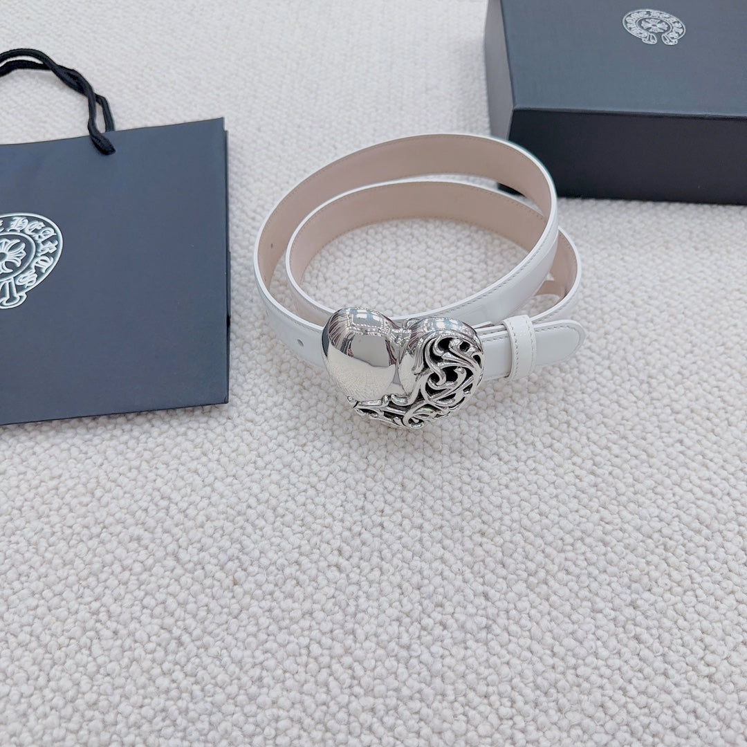 White belt with silver heart buckle, viewed as a wrapped loop