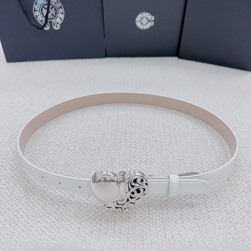 White belt loop with silver heart buckle centered on the strap