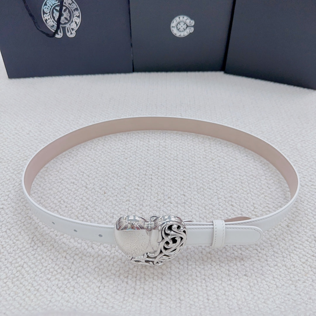 White belt loop with silver heart buckle centered on the strap