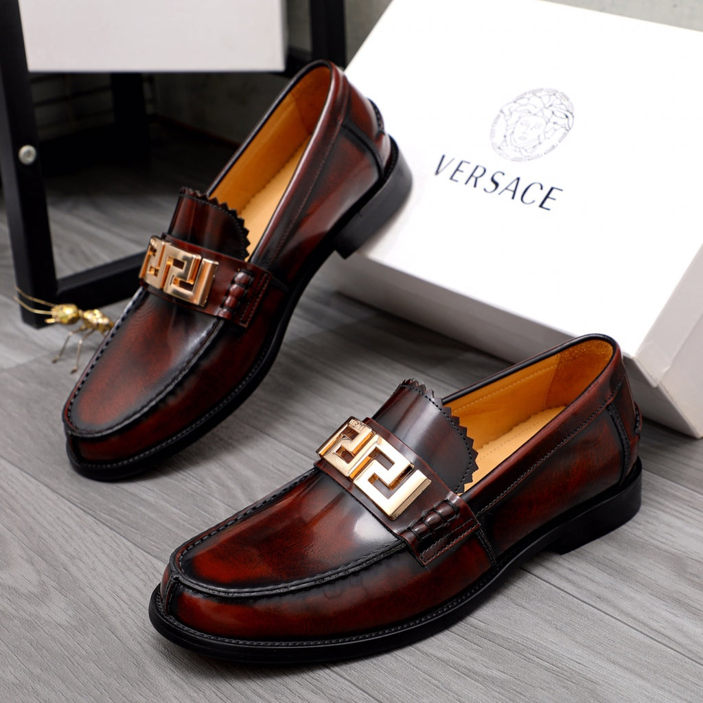 Versace leather loafers, dark brown with gold buckle and stitched edges