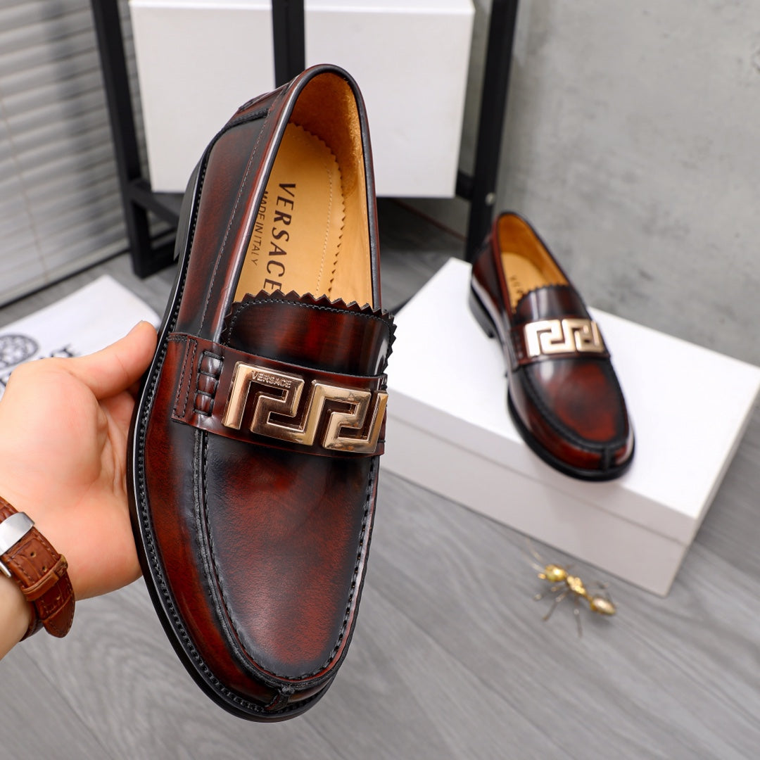 Versace leather loafer dark brown with gold buckle and scalloped moc toe