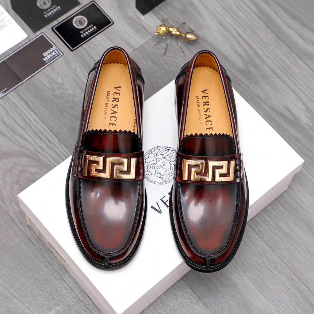 Versace leather loafers with gold Greek-key buckle, dark brown shine