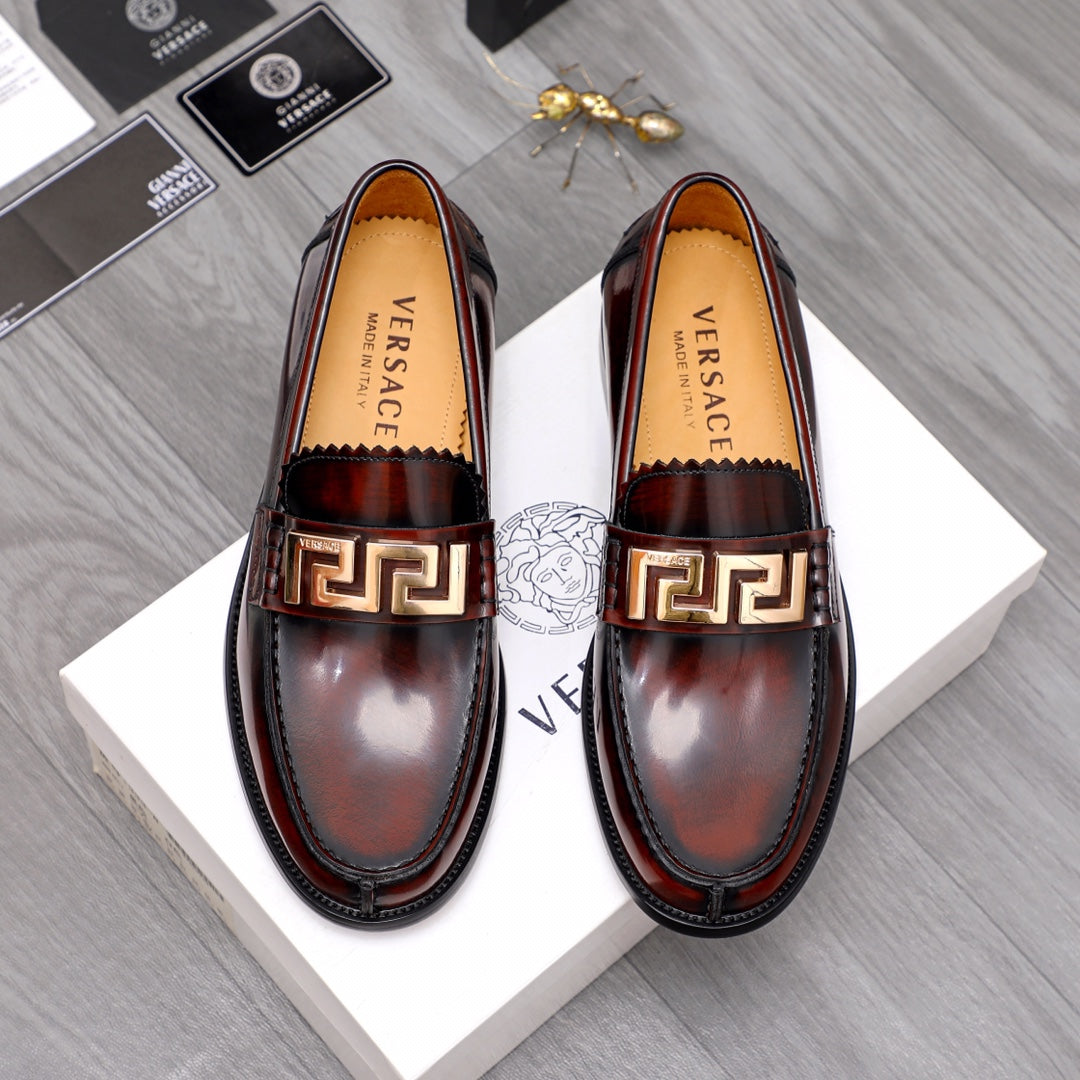 Versace leather loafers with gold Greek-key buckle, dark brown shine