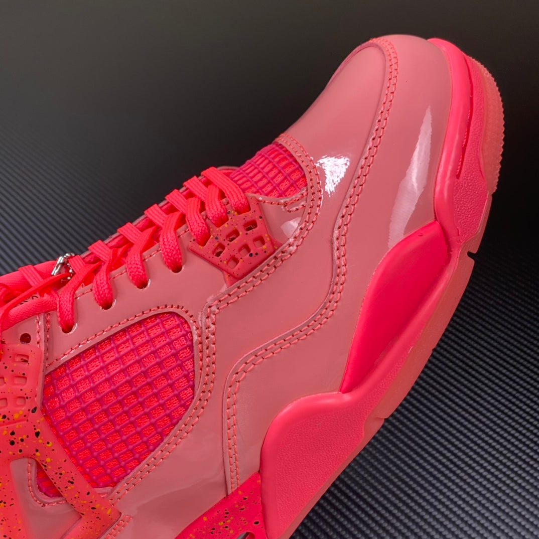 Pink Air Jordan 4 sneaker side view with red laces and molded panel