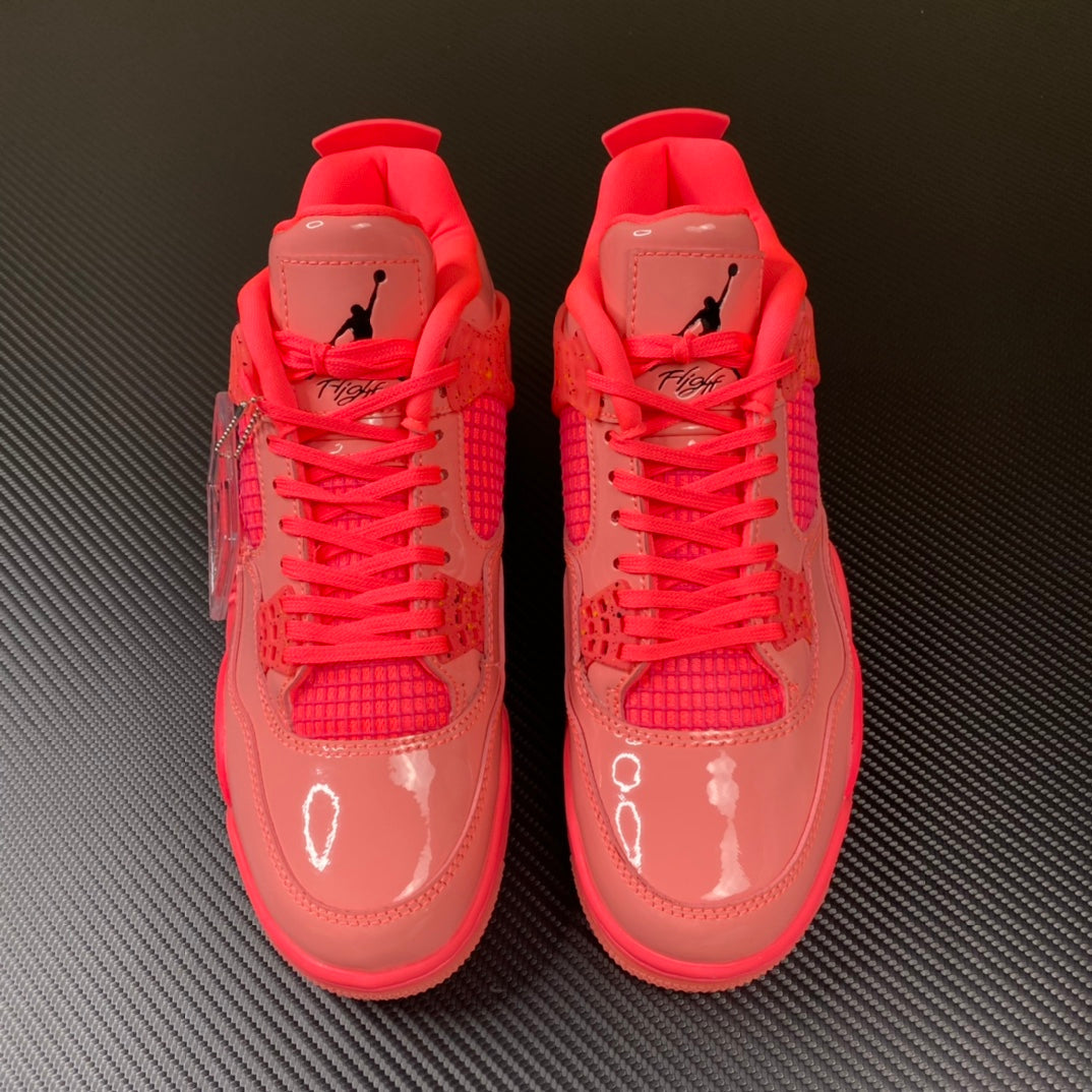 Pink Air Jordan 4 sneaker pair front view with red laces and glossy uppers