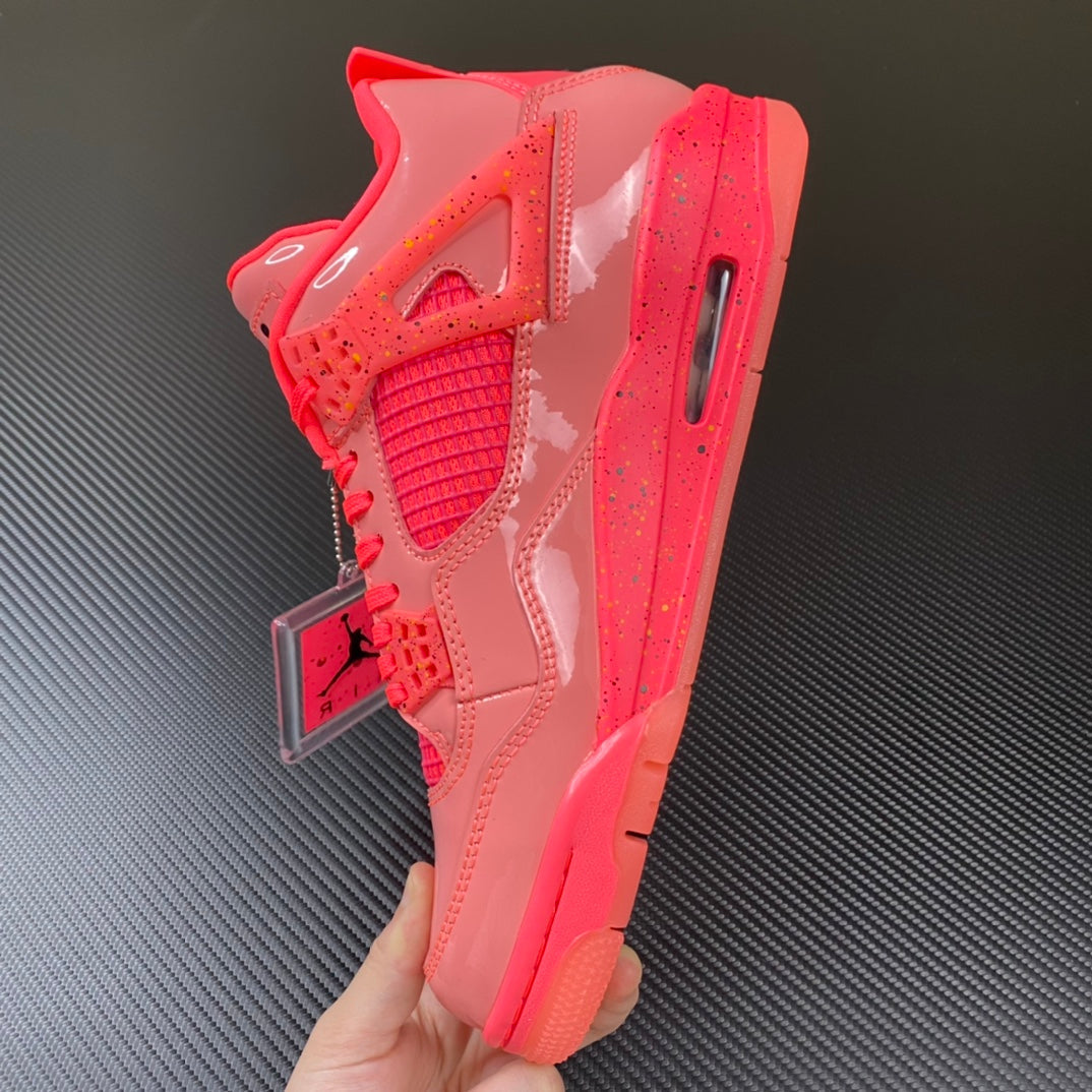 Pink Air Jordan 4 sneaker rear view with strap and red outsole
