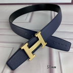 Hermes belt in dark blue leather with gold-tone H buckle and punched holes, 38mm