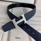 Hermes belt in dark blue leather with silver-tone H buckle and punched holes, 38mm
