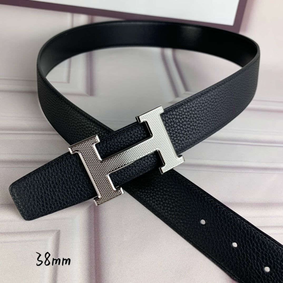 Black pebbled leather belt with silver H-style buckle and keeper strap