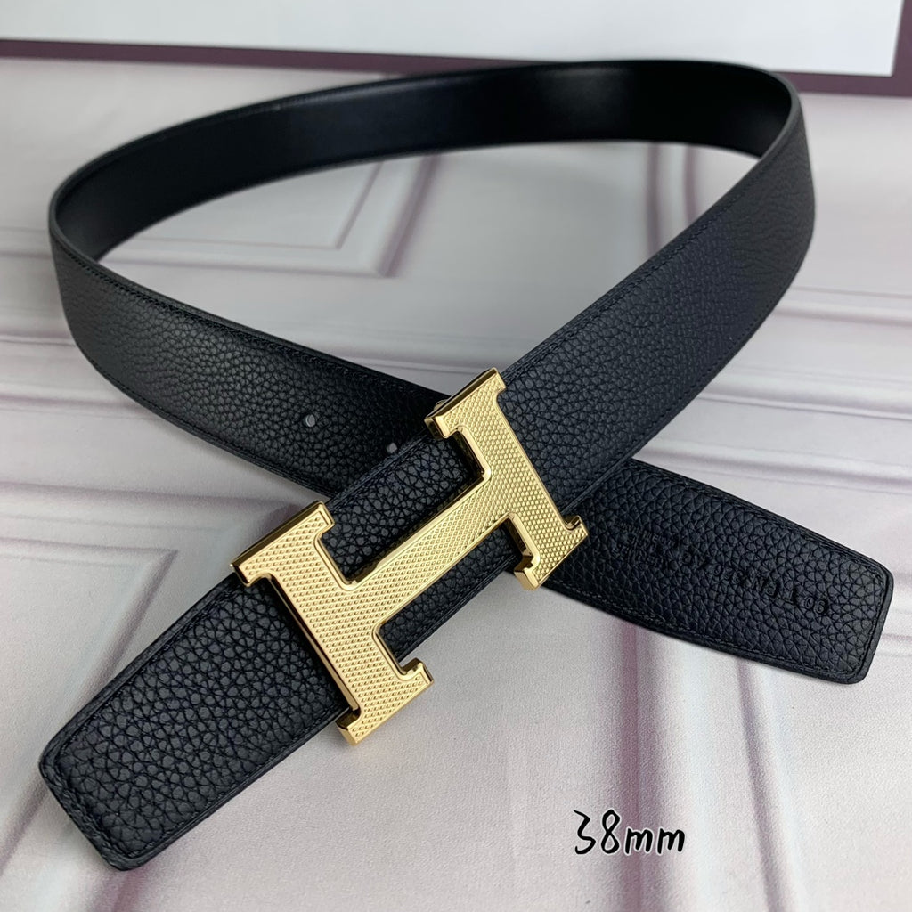 Black pebbled leather belt with gold H-style buckle and long keeper strap