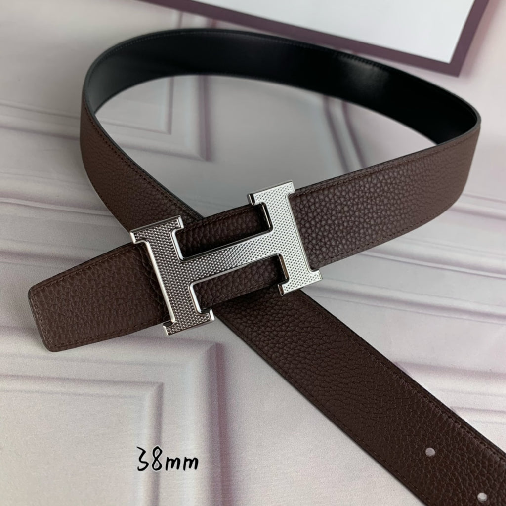 Hermes belt with silver H buckle and brown textured leather strap