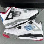 White Air Jordan 4 sneakers with blue mesh windows and black midsole trim