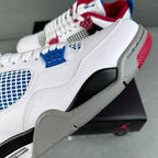 White Air Jordan 4 sneaker side view with blue grid panel and red lace tips