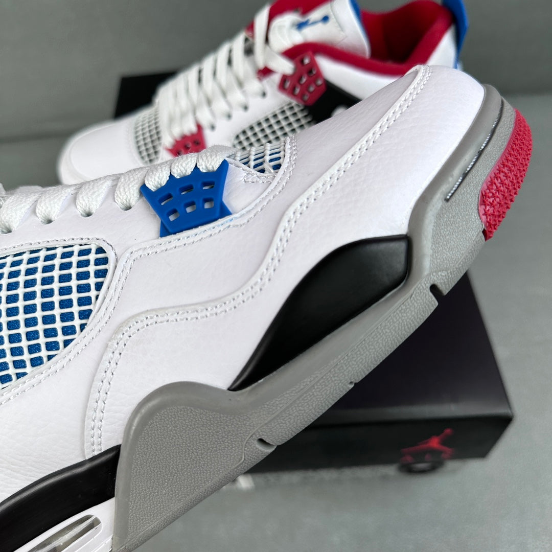 White Air Jordan 4 sneaker side view with blue grid panel and red lace tips