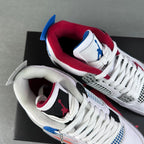 Two Air Jordan 4 sneakers laid together with red lining and blue lace tabs