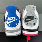 Back view Air Jordan 4 sneakers with Nike Air logos on gray speckled soles