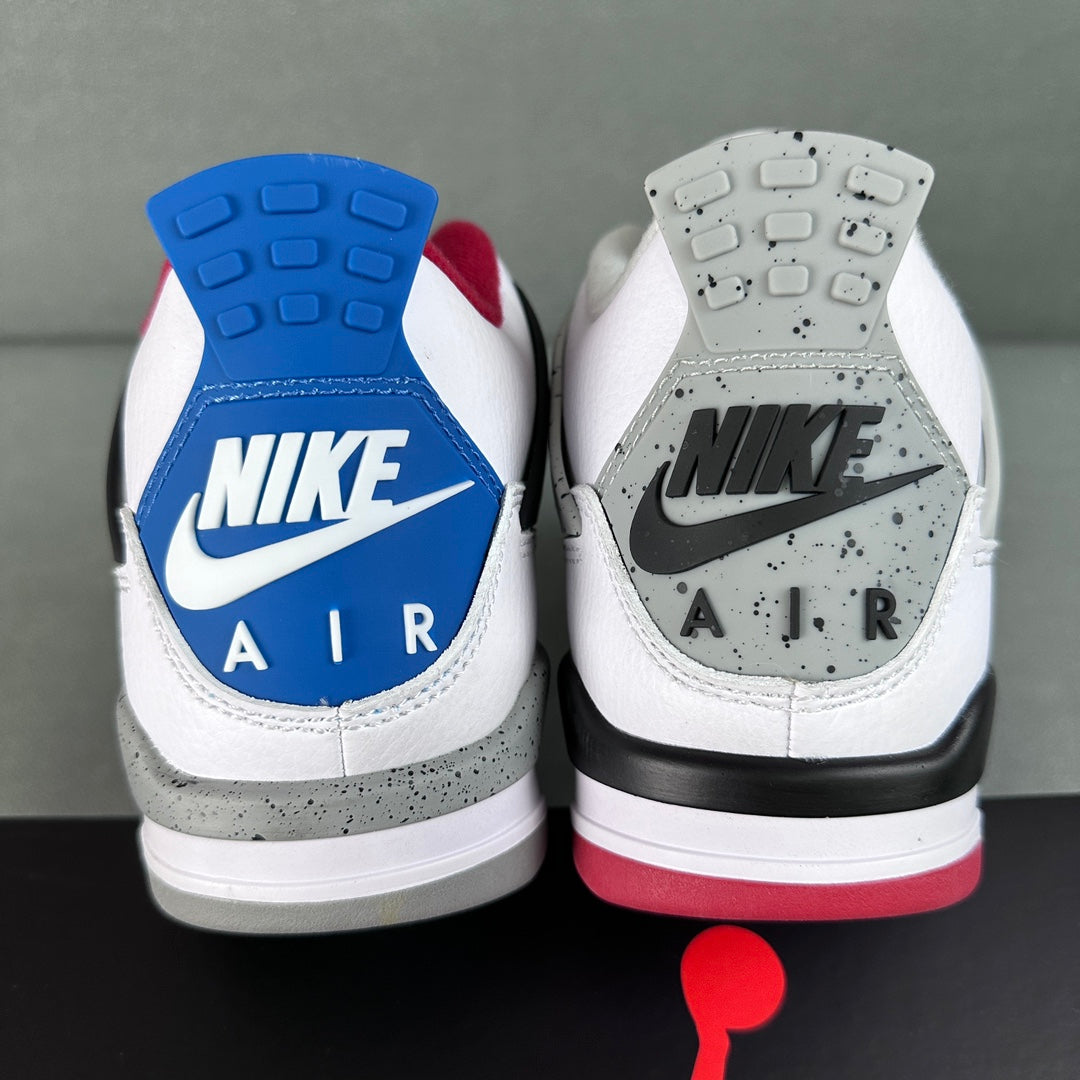 Back view Air Jordan 4 sneakers with Nike Air logos on gray speckled soles