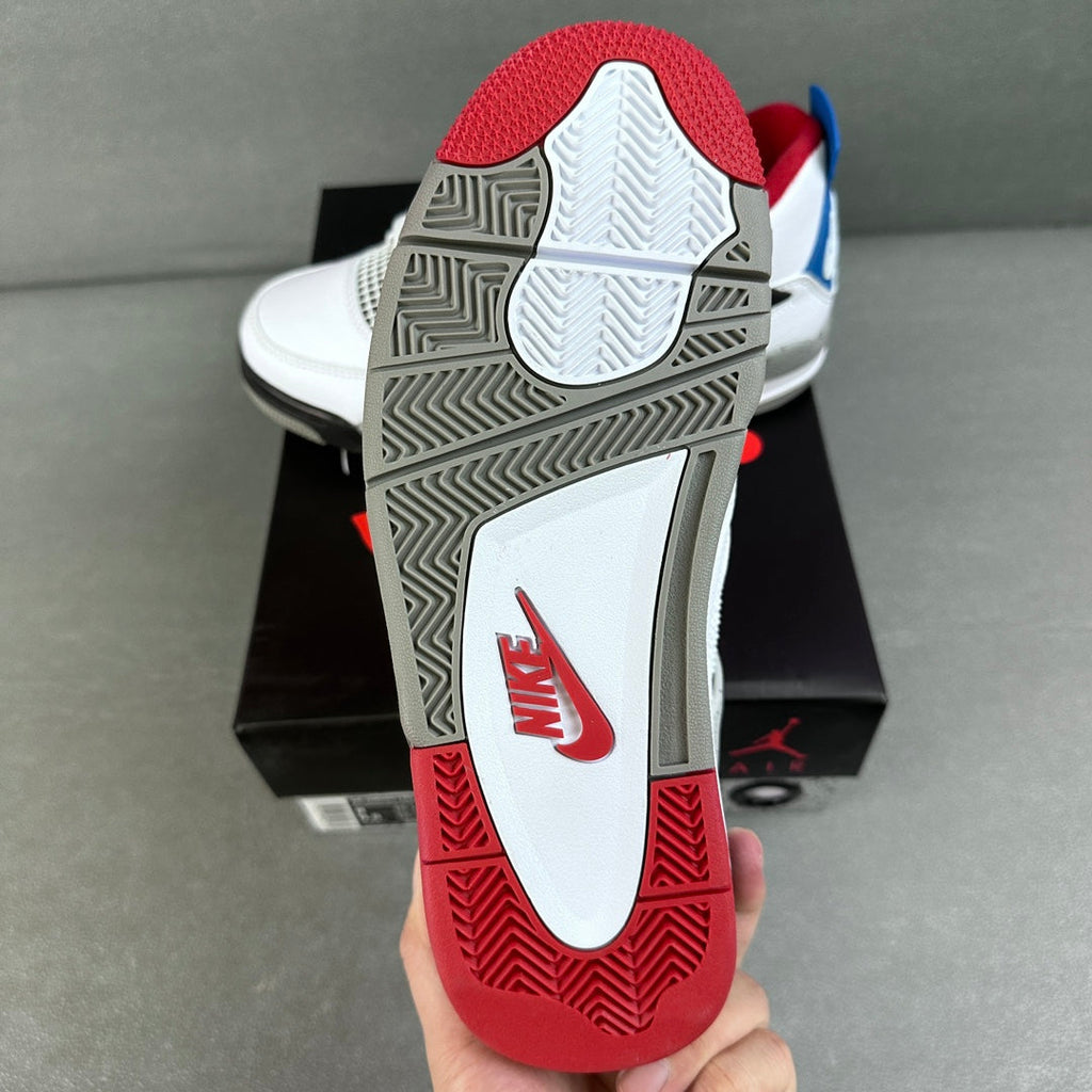 Air Jordan 4 heel with red collar, Nike logo, and white outsole