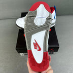 Air Jordan 4 heel with red collar, Nike logo, and white outsole