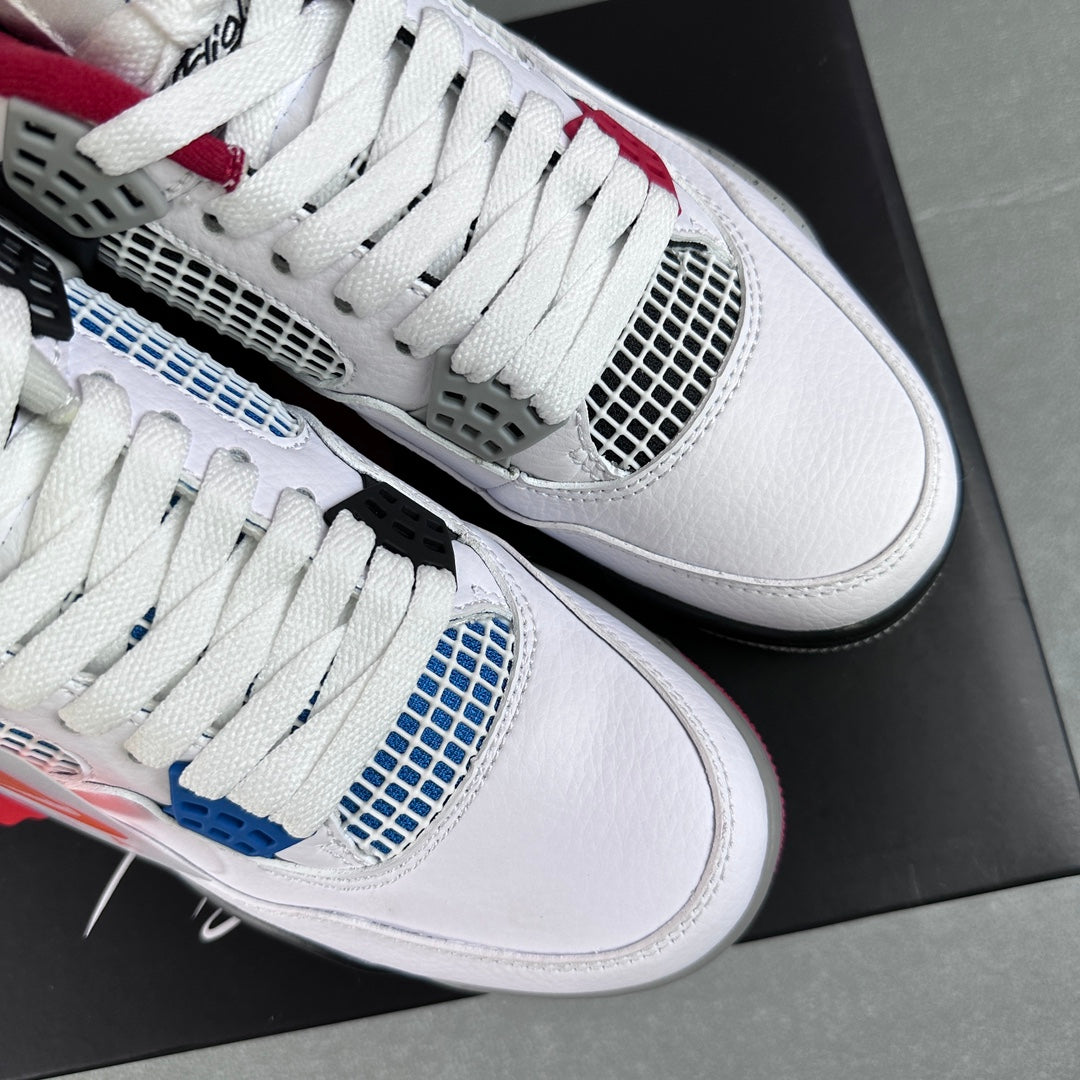 Pair of white Air Jordan 4 sneakers with blue mesh panels and black side guards