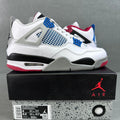 White Air Jordan 4 sneakers with blue mesh, red accents, and black sole