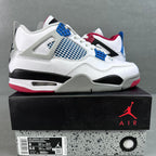 White Air Jordan 4 sneakers with blue mesh, red accents, and black sole