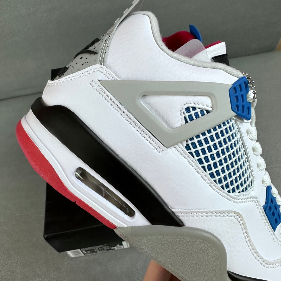 White Air Jordan 4 sneaker with blue mesh quarter panel and gray midsole