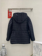 Moncler hooded puffer jacket, dark with back view and quilted padded design