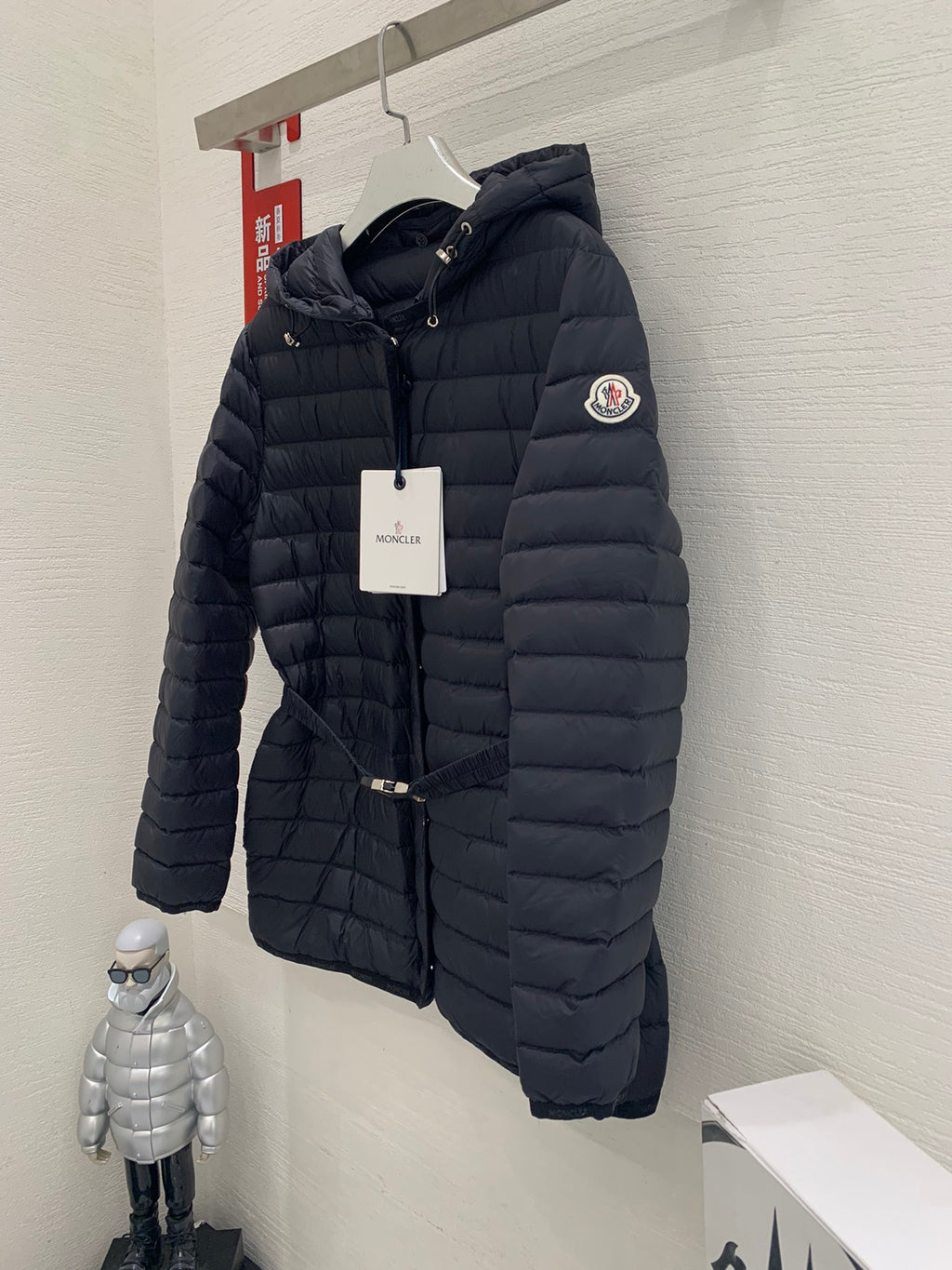 Moncler hooded puffer jacket, dark with front zipper and sleeve logo patch