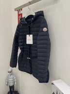 Moncler hooded puffer jacket, dark with front zipper and sleeve logo patch