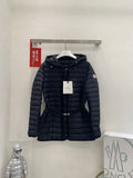Moncler hooded puffer jacket, dark with front zipper and waist belt