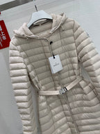 Long beige quilted puffer coat, front zip with hood and belt detail