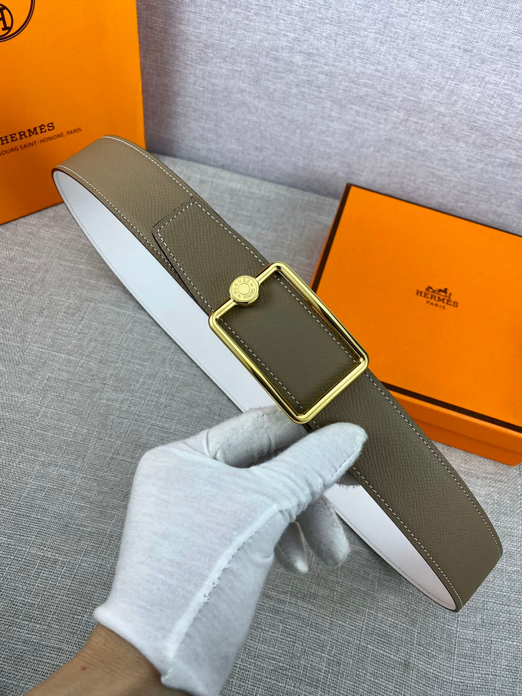 Hermes leather belt with olive strap and gold rectangular buckle