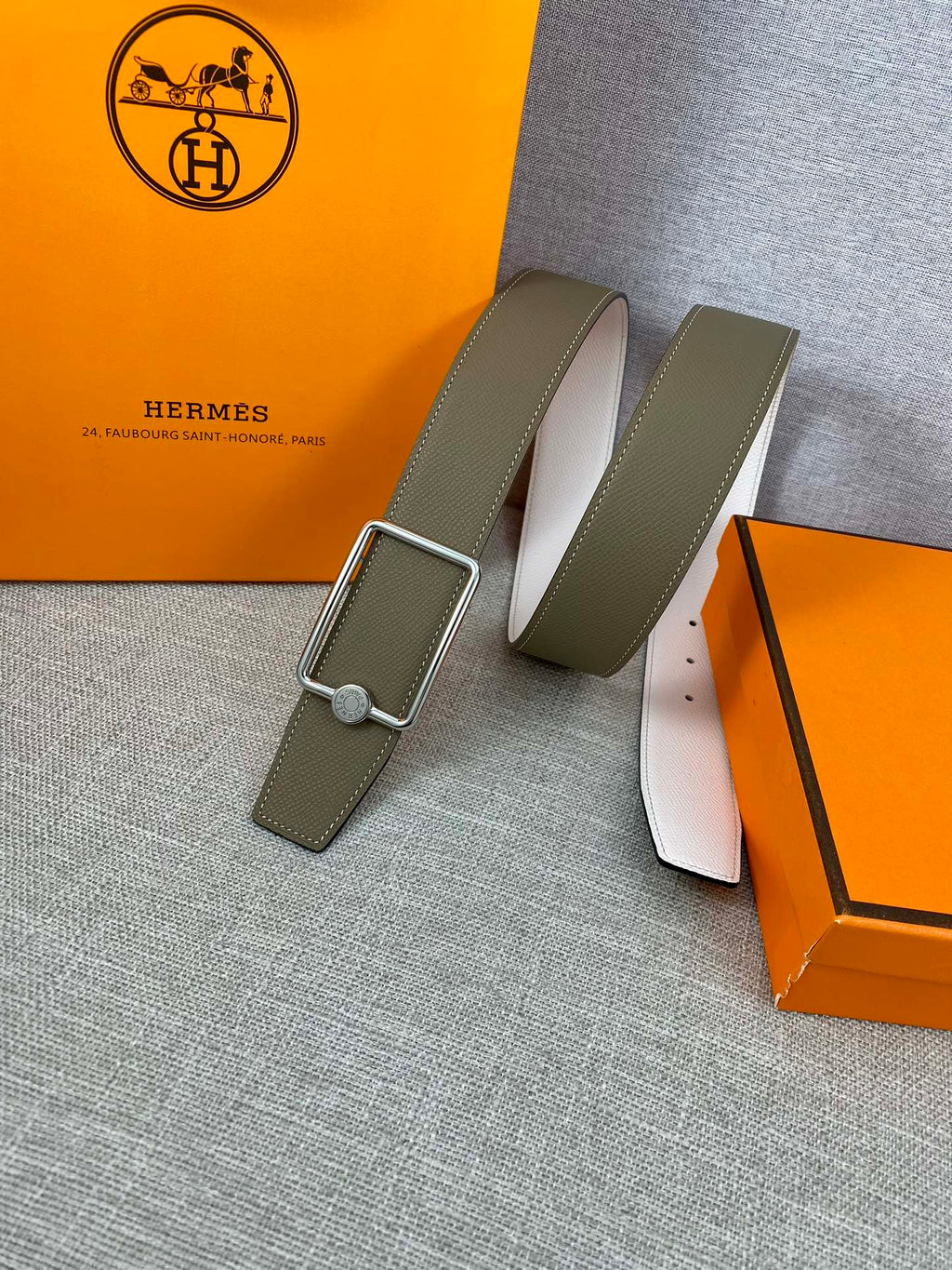 Hermes leather belt with olive strap and silver rectangular buckle