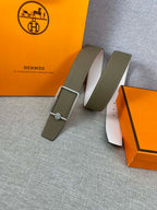 Hermes leather belt with olive strap and silver rectangular buckle