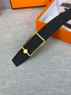 Hermes belt strap with gold-tone rectangular buckle and round logo
