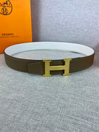 Olive leather belt with gold-tone rectangular buckle and white lining